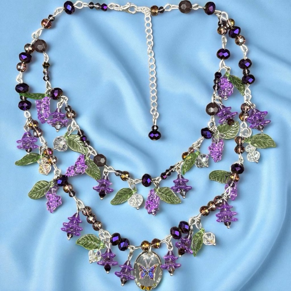 Handmade Garden Necklace with Butterfly Glass Pendant – Vintage Plastic Beads